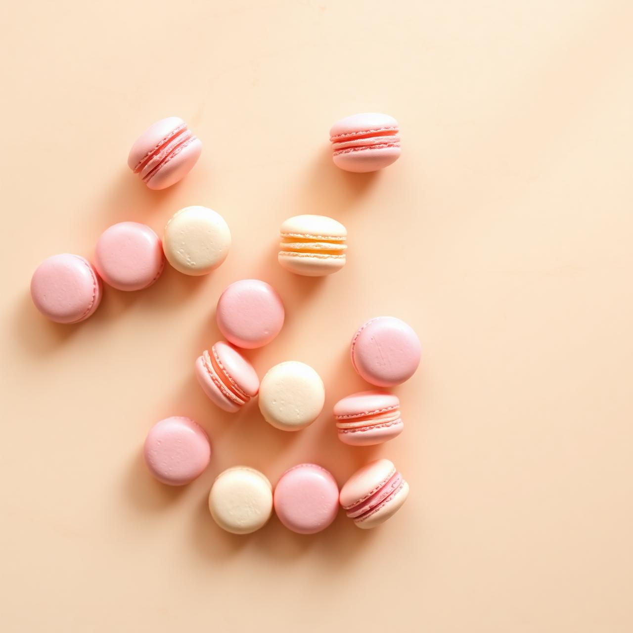 Macarons pastéis dispostos em superfície bege